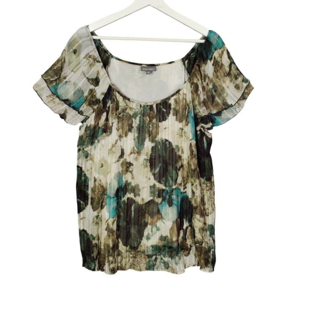 Roz & Ali Womens Boho Cottagecore Floral Blouse 1X Green Metallic Lurex‎ Top